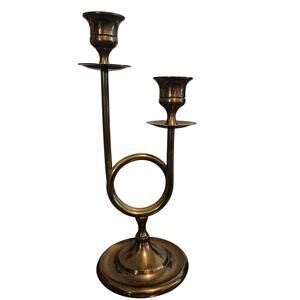 Vintage Brass Double Horn Candlestick Holder Ornate Gold Tone Elegant Classy MCM